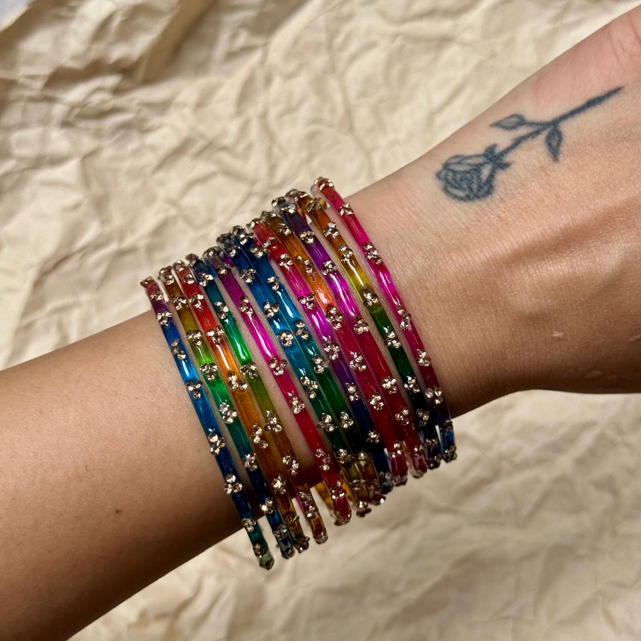 3 Stone Glass Bangles - Multi Colour (Set of 12)