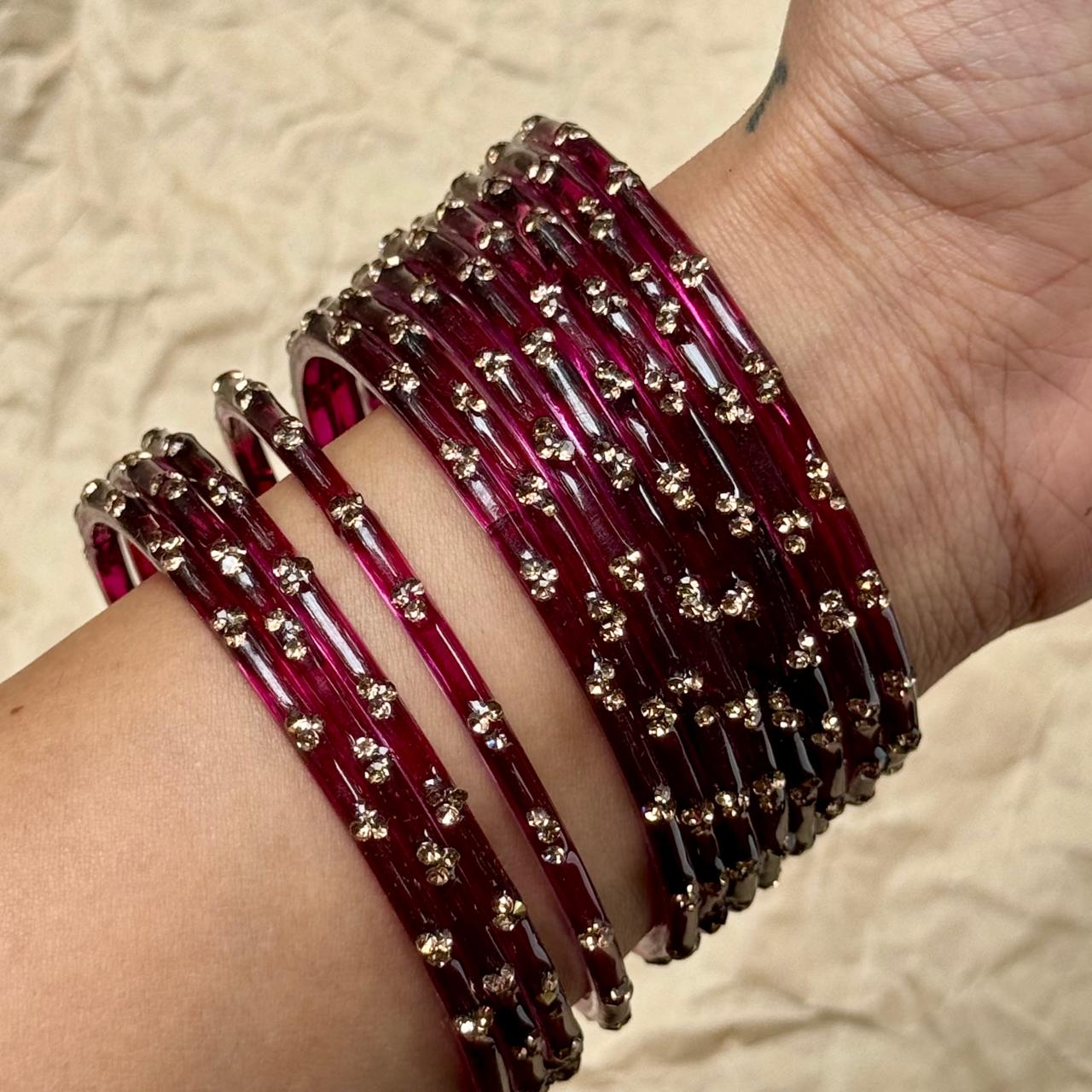 3 Stone Glass Bangles - Wine (Set of 12)