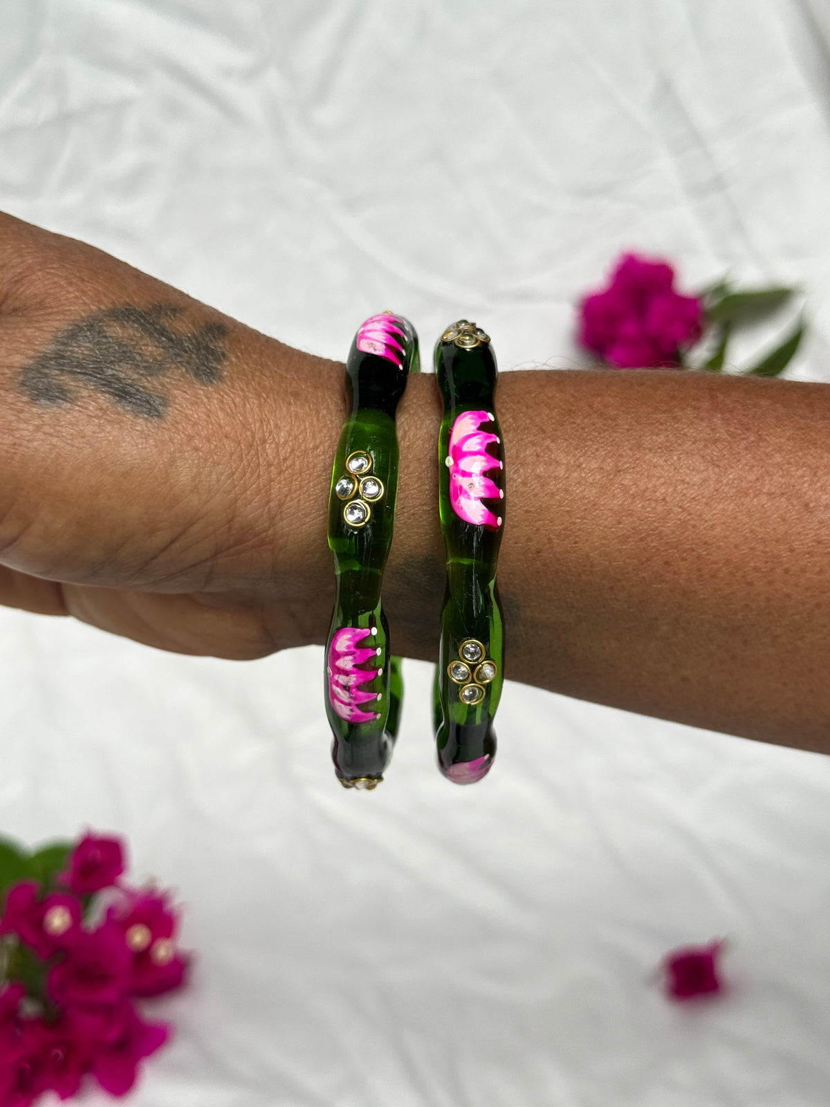 Lotus Bangles - Green (Set of 2)