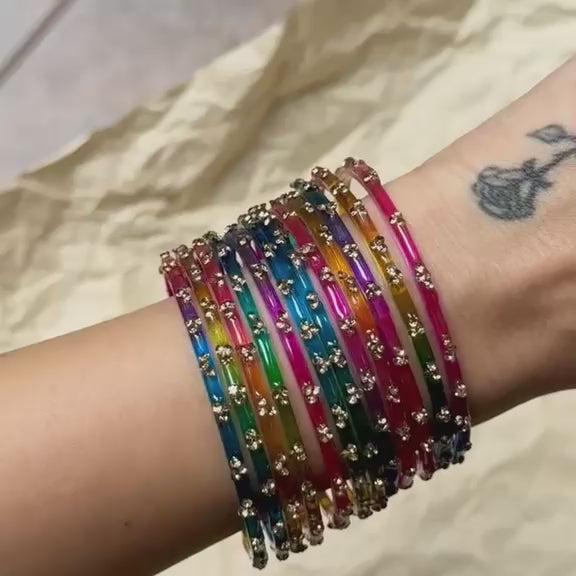 3 Stone Glass Bangles - Multi Colour (Set of 12)