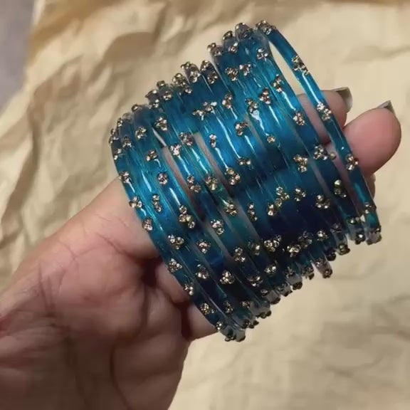 3 Stone Glass Bangles - Teal (Set of 12)