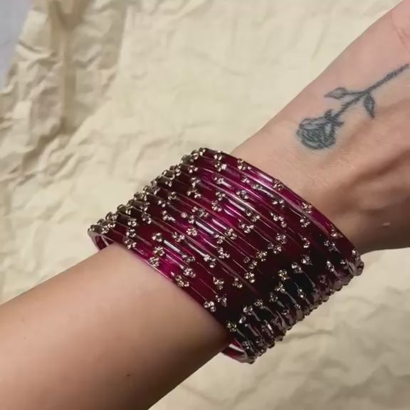 3 Stone Glass Bangles - Wine (Set of 12)